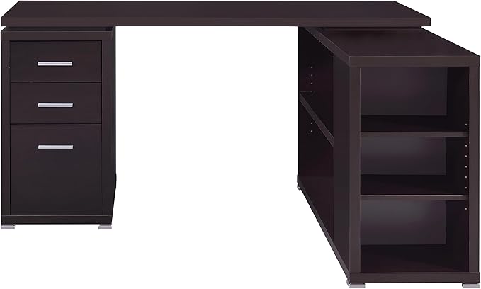 L-Shaped Computer Desk with 3 Drawers & 5 Shelves Cappuccino Brown Finish Solid Wood & MDF Corner Desk for Home Office 29.5H x 60W x 47.25D Workstation (1-Piece Set)