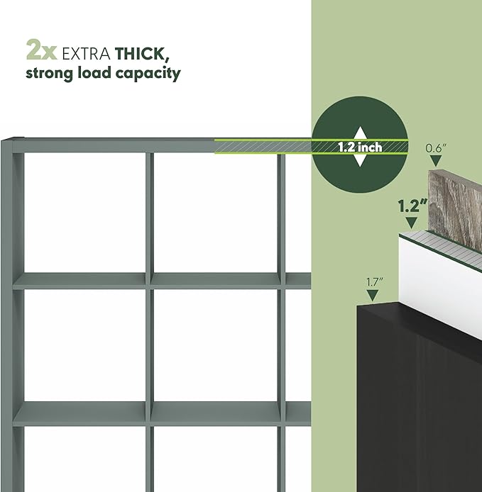 Furinno Cubicle Book Shelf, 12-Cube Bookshelf, Extra Thick Frame Reversible Bookcase with Open Back, 14.6" x 44" x 58", for Living Room, Bedroom, Home Office, Sage Green