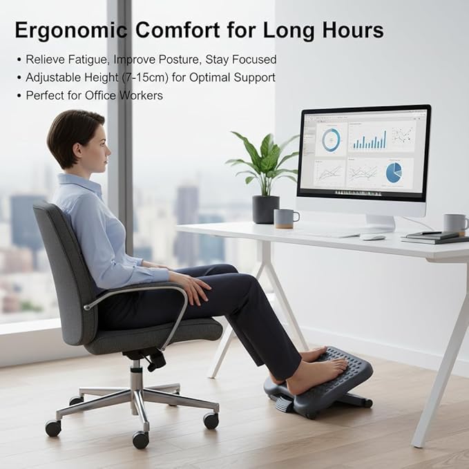 Adjustable Foot Rest for Under Desk, Ergonomic Footrest with Pebble Massage, Tilt and Height Adjustable Foot Stool for Home Office, Portable Leg Support for Desk Chair