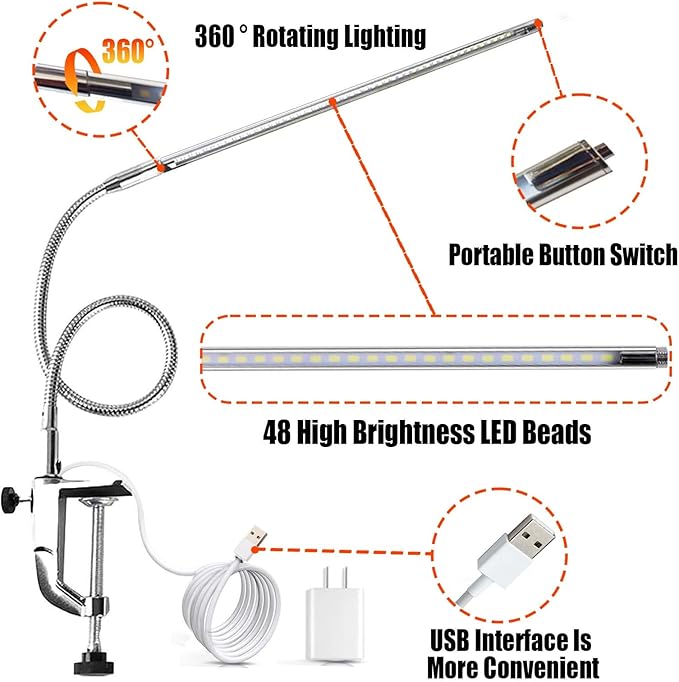 Brokimis Desk Light with Clamp, USB LED 8W Clip Nail Desk Lamp Eye Care Flexible Gooseneck 360° Clamp Light for Manicure Reading Eyebrow Office Tattoo