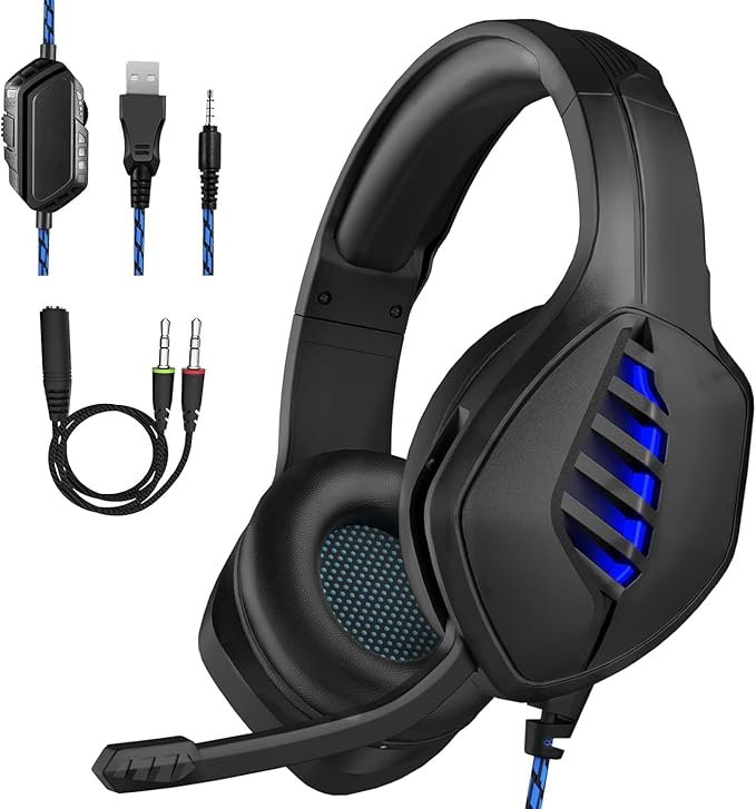 Gaming Headset with Microphone - for PC, PS4, PS5, Xbox One, Xbox Series X|S - 3.5mm Jack Gamer Headphone with Noise Canceling Mic - Black&Blue
