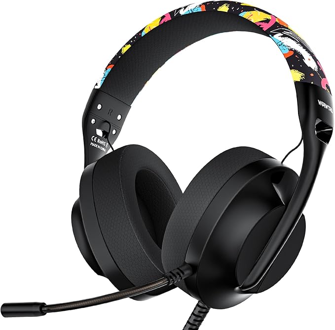 WIRWTRU S30 Gaming Headset with Microphone,198g Lightweight Design, Wired Gaming Headphones for Xbox, Xbox Series X|S, PS5, PS4, Switch, PC, Noise Cancelling Mic, Soft Earmuffs (Graffiti)