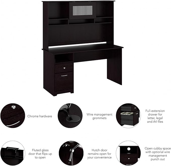 Bush Furniture Cabot 60W Computer Desk with Hutch and Drawers in Espresso Oak