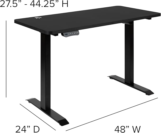 Flash Furniture Park 48" Wide Black Electric Height Adjustable Standing Desk with Designer Armless White Ribbed Swivel Task Office Chair