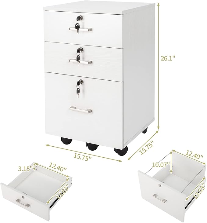 Bonnlo 26" H 3 Drawer File Cabinet with Lock, Rolling File Cabinet Under Desk, Mobile File Cabinets for Home Office, Wood White File Cabinet Printer Stand for Letter Size Hanging/Manila File Folders