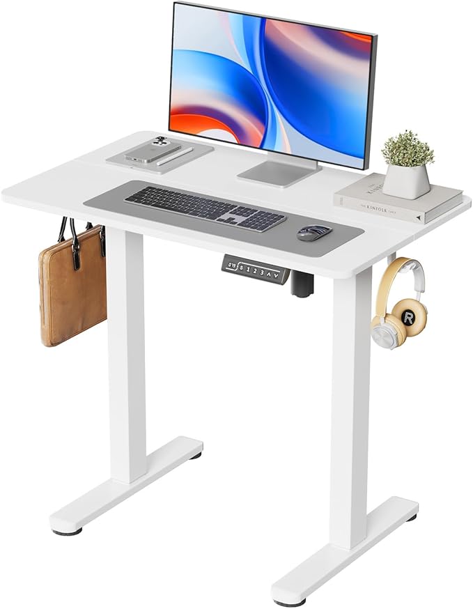 Small Electric Standing Desk, 32" ×20" White Standing Desk, Height Adjustable Compact Sit Stand Workstation with Splice Board, Home Office Desk with 2 Hooks
