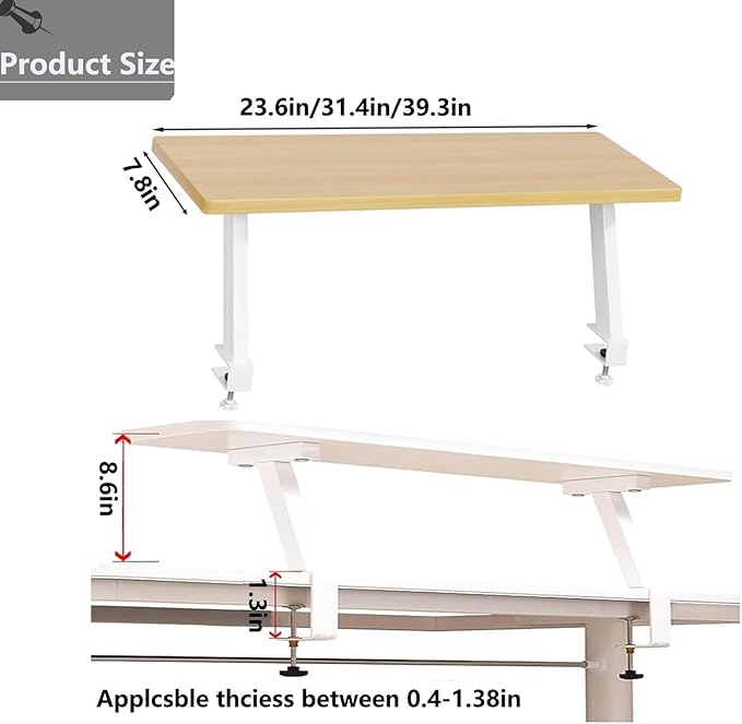 Clamp on Desk Shelf, Adjustable Floating Desktop Extender Space Saving Wood Steel Frame Desk Shelf for Office Study Home Dorm No Drill (39.3x7.8 in)