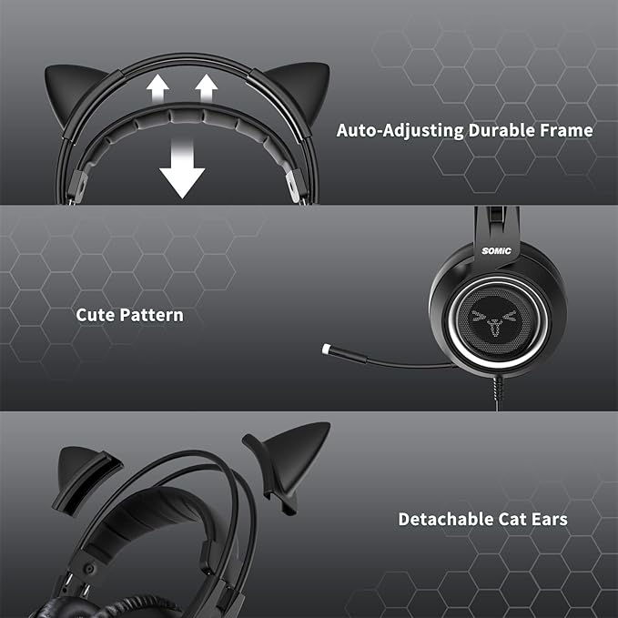 SOMIC Stereo Gaming Headset with Mic for PS4, PS5, Xbox One, PC, Mobile Phone, 3.5MM Sound Detachable Cat Ear Headphones Lightweight Self-Adjusting Over Ear Office Headphones G951S Black