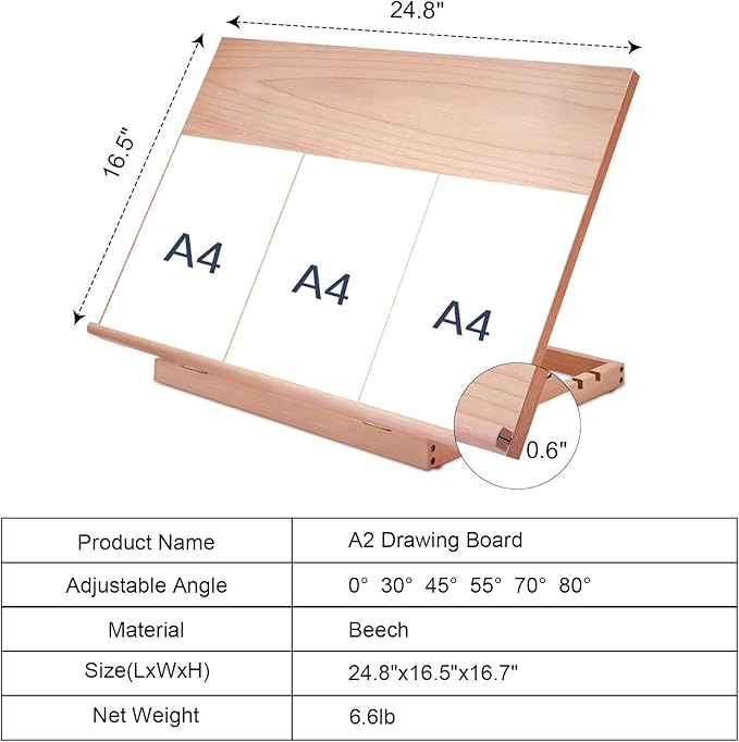 Large Artist Drawing & Sketching Board, 6-Position Adjustable Wood Drafting Table Easel, 24.8" L x 16.5" W (A2) Art Easel for Artist, Beginners, Students
