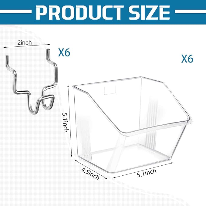 Layhit 6 Set Slatwall Bins Plastic Bins with Metal Hooks Mount Hanging Slatwall Containers Storage Organizer Slat Wall Accessories for Craft Garage Tool Storage Room Panel(Clear)