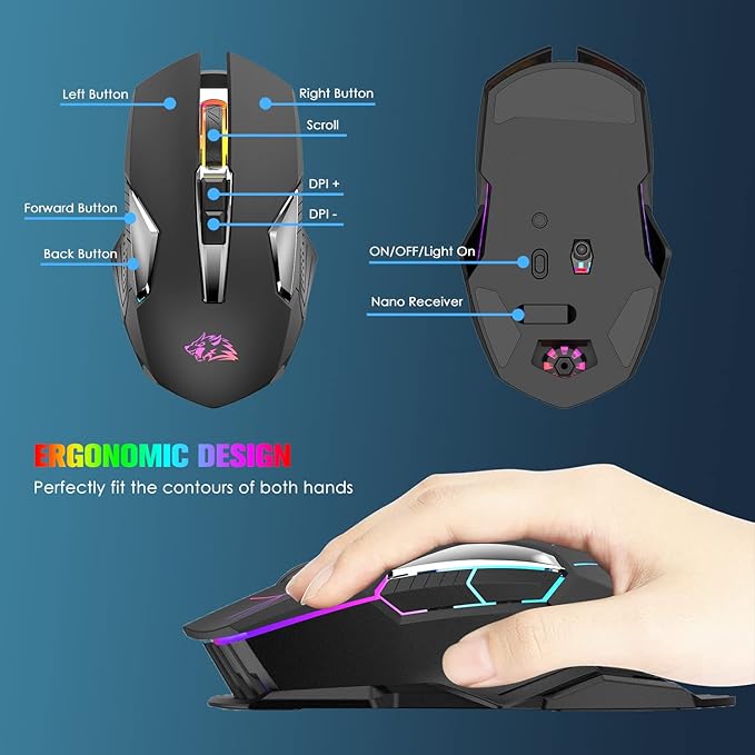 FELICON Wrieless Gaming Mouse, Silent Rechargeable Optical Sensor 3 Level DPI Computer Mice, Computer Wrieless Mouse with 7 Color LED Light for Windows/Mac/Linux/PC/Laptop(Black)