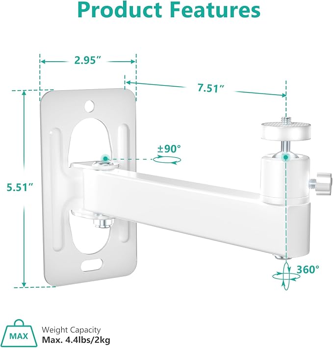 WALI Mini Projector Wall Mount, Full Motion Adjustable Bracket for 1/4" M4 M6 Screws, Hanging Holder for Small Projectors, Supports up to 4.4lbs - 1330LM-PMWS, White