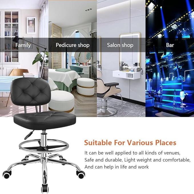 KKTONER Drafting Chair with Backrest Rolling Stool with Wheels Adjustable Footrest Swivel Chair Height Adjustable Office Chair for Shop Counter Studio Work Bar Kitchen (Black)