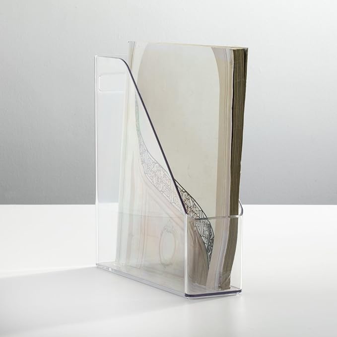 mDesign Plastic Slim Vertical File Folder Storage Organizer Bin with Handle - Hold Notebooks, Binders, Envelopes, Magazines for Home Office, Work Desktops, Ligne Collection, Clear