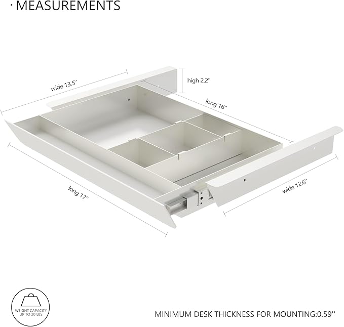 White Under Desk Sliding Pull-out Drawer with Pencil Tray and Slide Storage Tray, 17'' long & 13.5'' deep Large Organizer for Sit Stand Workstation…