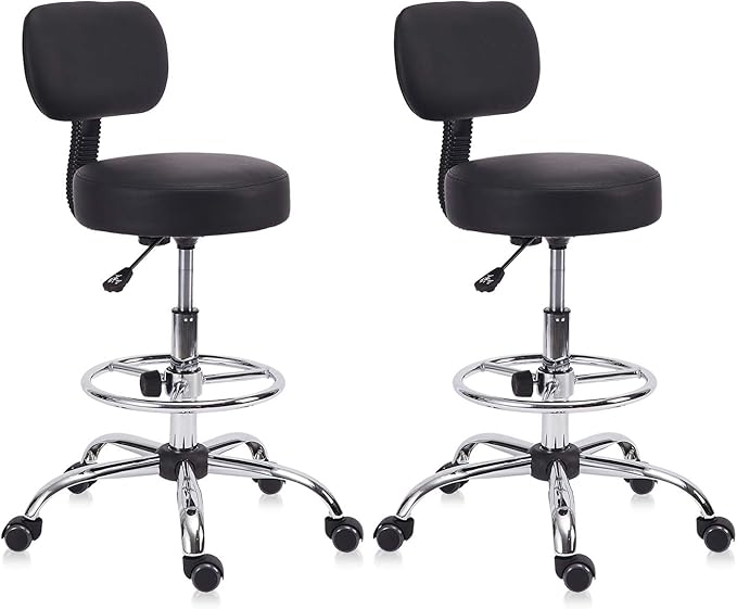 KLASIKA Drafting Stool Chair with Back, Adjustable Foot Rest Backrest Swivel Rolling Stool, Multi-Purpose Office Desk Chair, Thickened Seat for Home Bar Spa Kitchen Shop 2pack