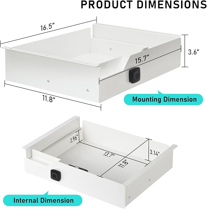Under Desk Drawer with Biometric Fingerprint Lock, Metal Undermount Table Drawer, Slides Out Tray Organizer for Paper, Pencil, and Laptop 16"x11.8"x3.6", White with Fingerprint Lock