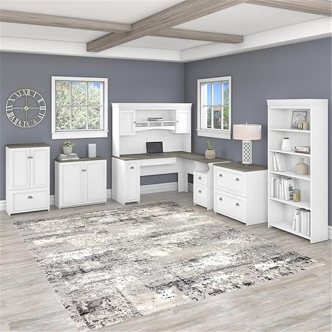 Pemberly Row L Shaped Desk 6 Pc Office Set, Pure White and Gray Finish, Engineered Wood, Includes Hutch, Bookcase, Filing Cabinets, Storage Cabinets, 60W Work Surface, Modern Farmhouse Home Office