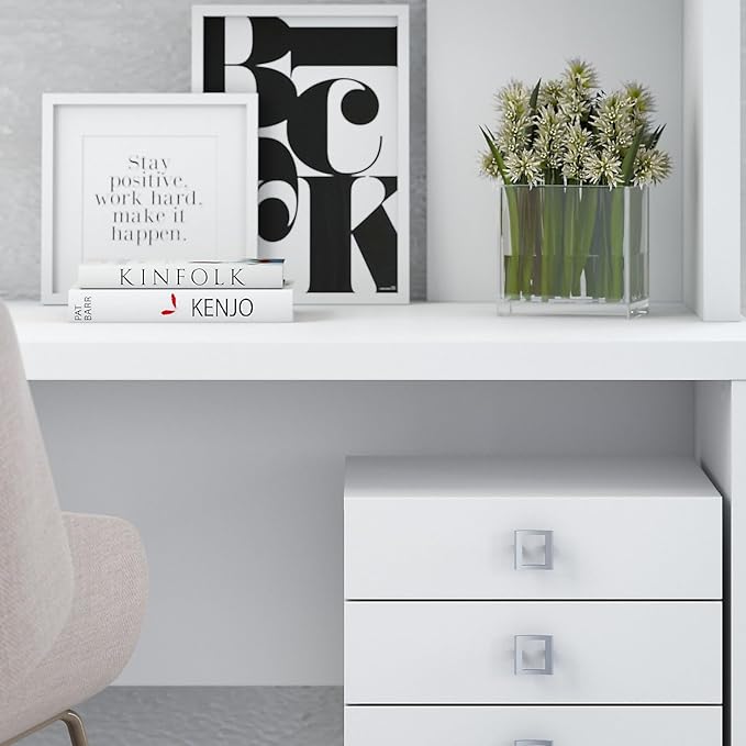 Bush Business Furniture Echo Bow Front Desk, Credenza with Hutch, Bookcase and File Cabinets in Pure White