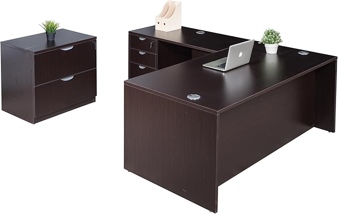 Boss Office Products Holland 42" Executive L-Shape Corner Desk with Storage Pedestal and Lateral File, Mocha