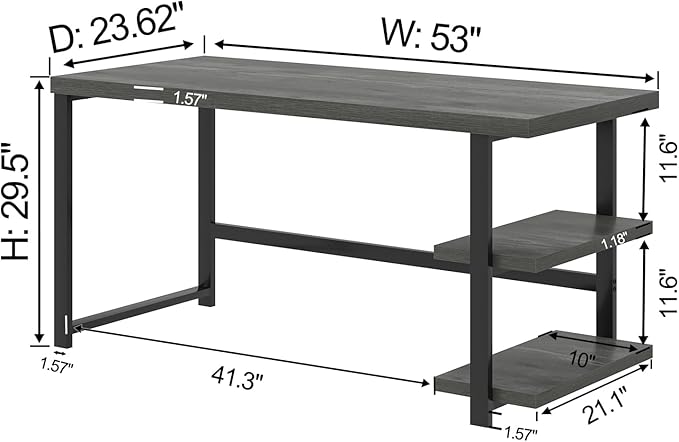 EXCEFUR Industrial Computer Desk, Home Office Desk with Storage Shelves, Wood Study Writing Table for Bedroom, Living Room, Grey, 53 Inch