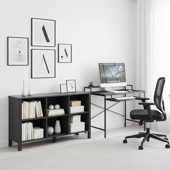 6-Cube Bookcase, Farmhouse Wooden Bookshelf Low Storage Organizer, 45" Horizontal Black Console with Legs, Hallway Book Case for Entryway, Display Cabinet for Living Room (Black, 6-Cube)