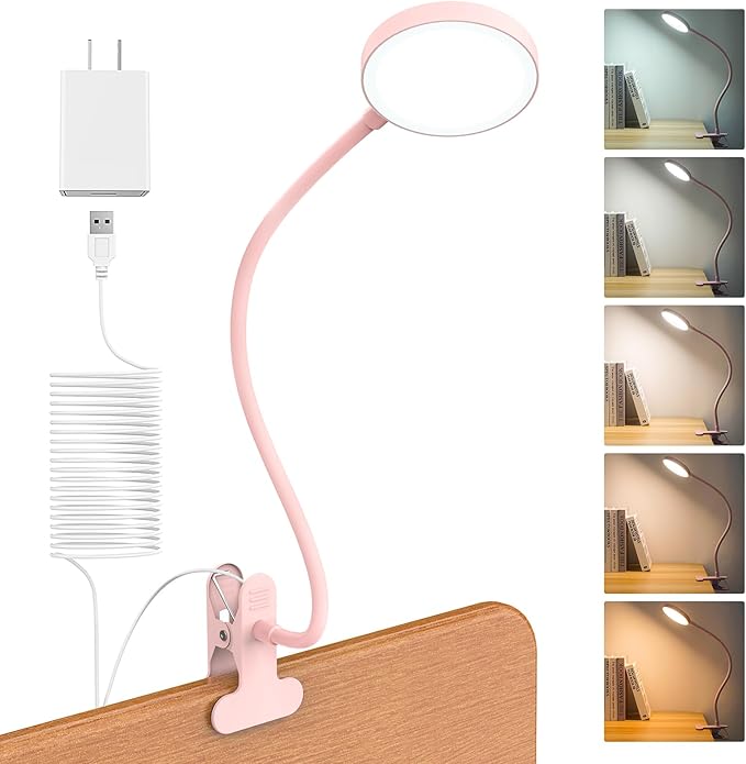 LiFMIRA Desk Lamp Clip on Light 8W 66 LED Reading Light for Bed, 5 Colors 10 Dimming Levels, Eye Caring Metal Reading Lamp, Clip lamp for Bed Headboard Home Office (Pink)