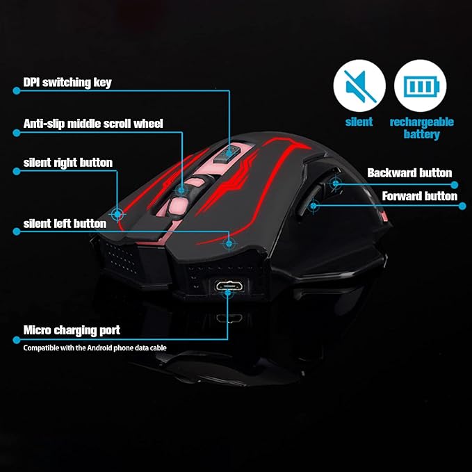 VEGCOO Wireless Gaming Mouse, Silent Click Wireless Rechargeable Mice with Colorful LED Lights & 3-Level DPI Adjustable, 6 Buttons Mouse with Side Buttons & Thumb Rest, Computer Gamer Mouse for PC