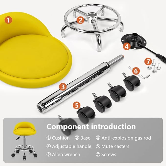 KKTONER PU Leather Round Rolling Stool with Foot Rest Height Adjustable Swivel Drafting Work SPA Task Chair with Wheels (Yellow)