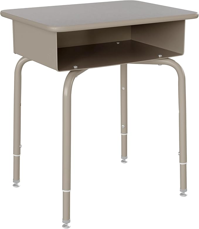 EMMA + OLIVER Jacobs Desk/Stackable Ergonomic Chair Set, Flex Comfort Seat Back, Adjusting Desk Legs, Metal Open Front Storage Box, Gray Granite Desktop/Black Chair