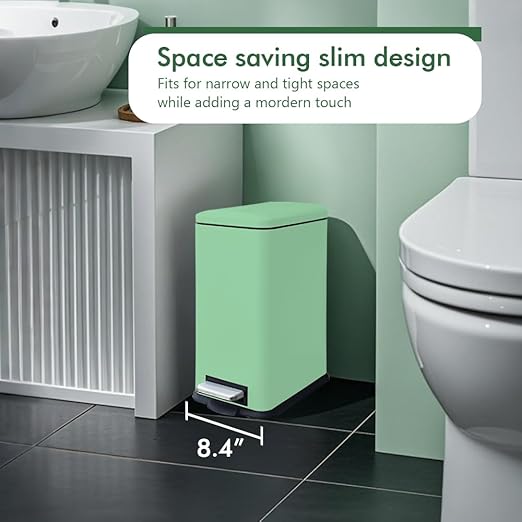 Green 16.7L/4.4 Gallon Bathroom Trash Can with Lid. Features a Removable Inner Bucket, a Soft - Close Lid, and a Stainless - Steel Step Pedal. Ideal for Use In The Bathroom, Kitchen, and Home Office
