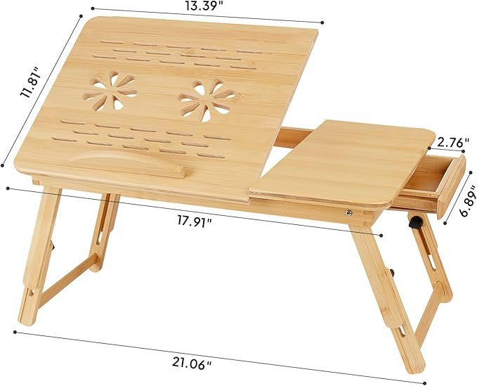Bamboo Laptop Desk for Bed, Height & Angle Adjustable Foldable Lap Desk with Drawer & Cup Holder, Portable Bed Desk Table for Working, Reading, Writing or Breakfast on Sofa, Couch or Floor