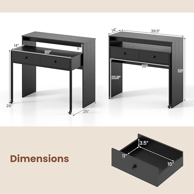 Giantex Small Computer Desk with Hutch & Drawers, Extendable Writing Desk w/Pull Out Secondary Table, Monitor Stand & Rolling Wheels, Console Table, Compact Desk for Small Spaces, Home Office (Black)