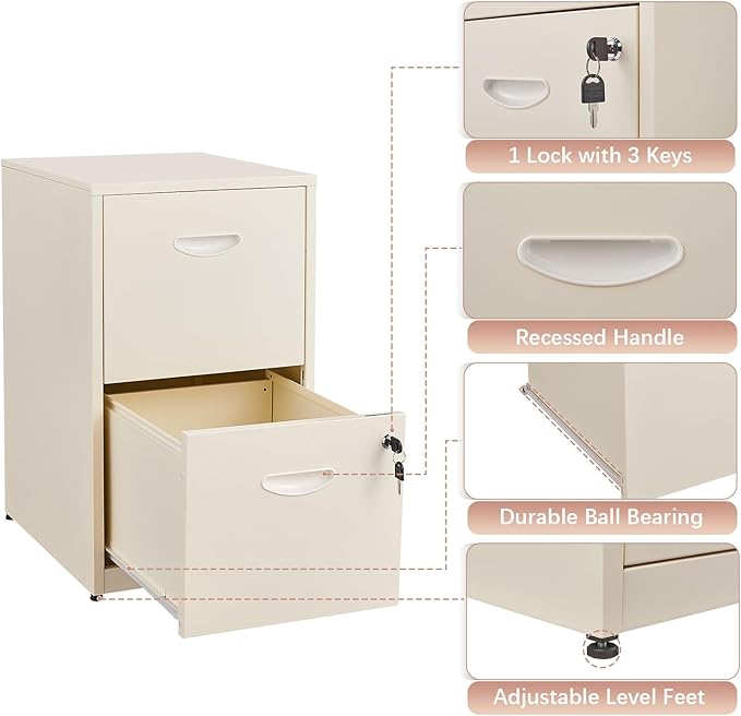 Polup 2 Drawer File Cabinet with Lock, Locked Filing Cabinets for Home Office, Small File Cabinets for Under Desk, Metal Files Cabinet for Hanging Letter Size, Cream, Assembly Required