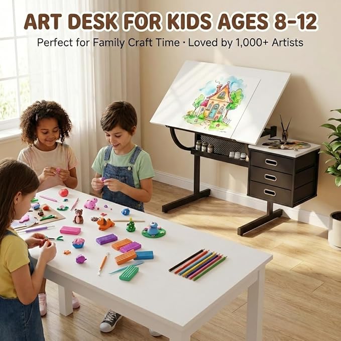 Drafting Table with Storage, Adjustable Art Desk & Art Table with Stool, 0-75° Tilting Top, 3 Drawers for Diamond Painting, Architecture, Animation, Office (Adults & Teens) (White)