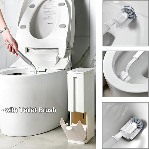 Slim Bathroom Trash Cans with Lid 4.4 Inches Wide/0.7 Gallon(3 Liters),Small Narrow Lidded Bathroom Trash Can with Toilet Brush for RV Camper,Tiny Garbage Can RV Accessories for Inside (Ivory)