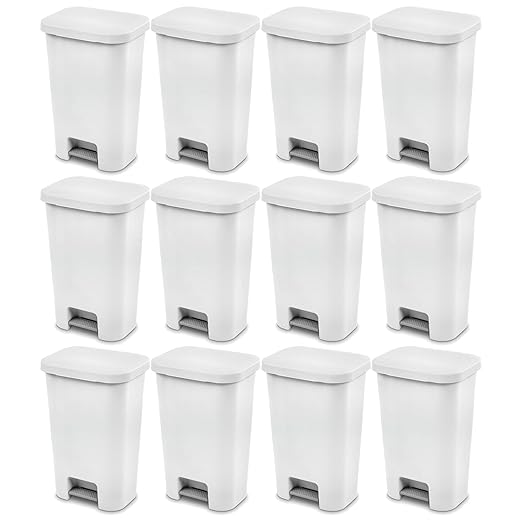 Sterilite 11.9 Gallon Rectangular Step On Kitchen Plastic Indoor Wastebasket with Wide Opening Lid and Comfort Handle for Home, White (12 Pack)