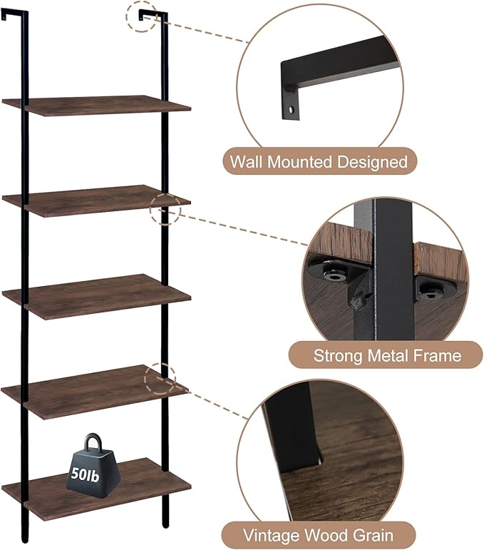 Wolawu 5 Tiers Ladder Shelf 2-Piece Black Modern Tall Bookshelf Open Large Tall Wall Mount Storage Bookcase Standing Leaning Wall Shelves Industrial Decorative (Brown)