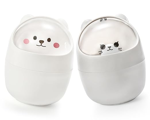 Yesland 2 Pack Desktop Mini Trash Bin with Swing Lid, Cute Bear Plastic Wastebasket Trash Can Countertop Garbage Storage Bucket for Home, Office, Kitchen, Vanity Tabletop, Bedroom, Grey & White