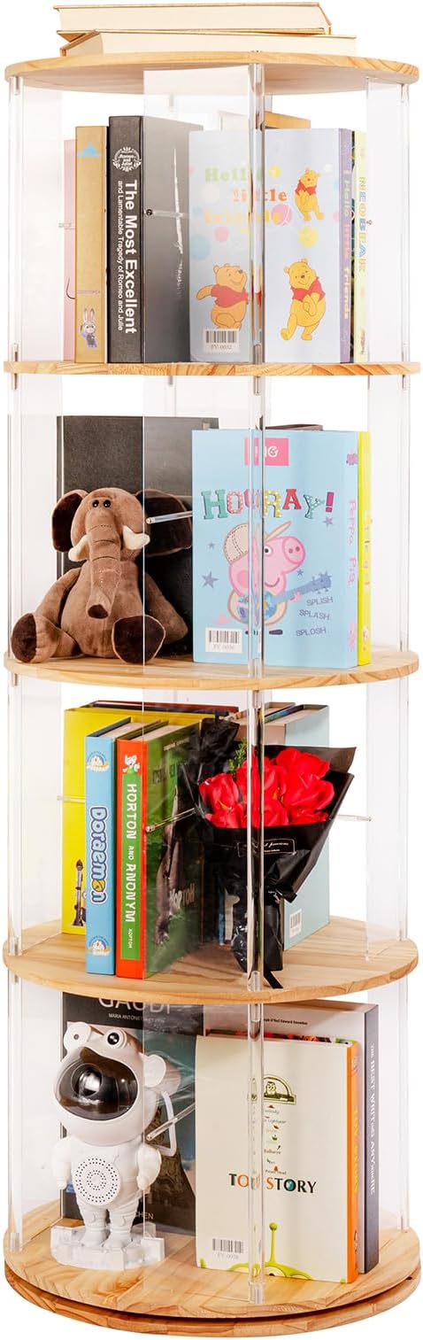 TAKEKIT 360° Rotating Bookshelf, 4-Tier Spinning Book Shelf Tower with Solid Wood & Clear Acrylic, Round Revolving Bookcase for Living Room, Bedroom and Office