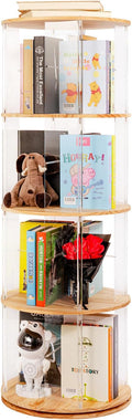 TAKEKIT 360° Rotating Bookshelf, 4-Tier Spinning Book Shelf Tower with Solid Wood & Clear Acrylic, Round Revolving Bookcase for Living Room, Bedroom and Office