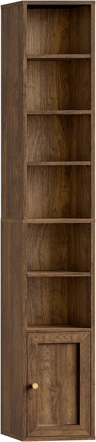 RALGEND 7-Tier Tall Narrow Bookshelf with Door Set of 2, 70.9 Inches CD DVD Slim Media Tower Rack with Storage Cabinet, Adjustable Shelves, Skinny Bookshelf Display Bookcase for Home Office, Walnut