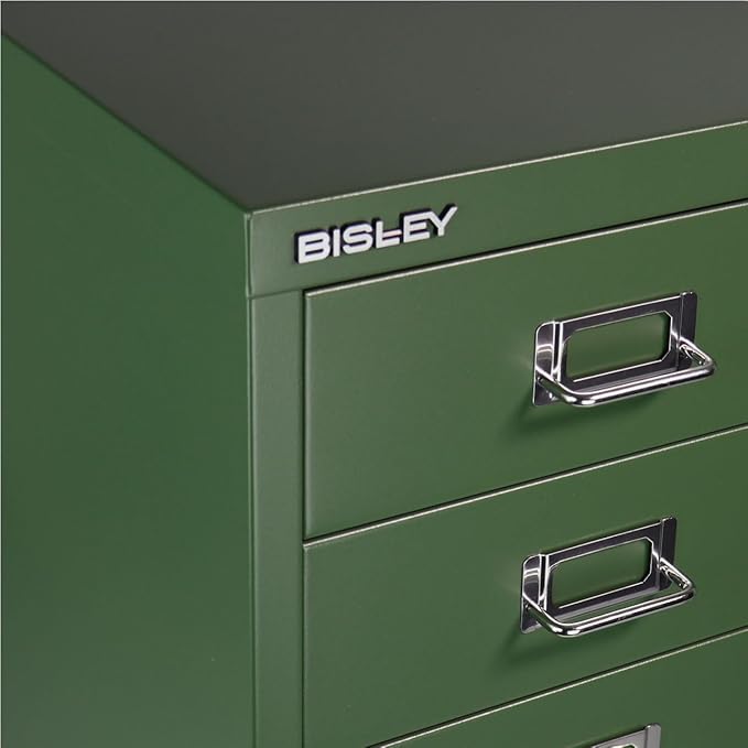 Bisley 6-Drawer Steel MultiDrawer Cabinet - Olive Green, Chrome Pull Handles with Label Holders, Powder-Coated Steel, Removable Drawers, Fits Under Most Desks, Labels Included