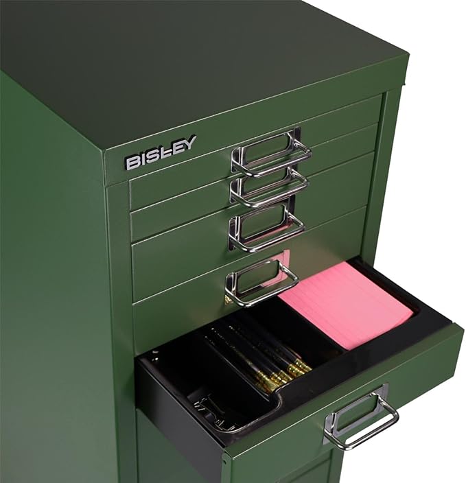 Bisley 8-Drawer Steel MultiDrawer Cabinet - Olive Green, Chrome Pull Handles with Label Holders, Powder-Coated Steel, Removable Drawers, Fits Under Most Desks, Labels Included
