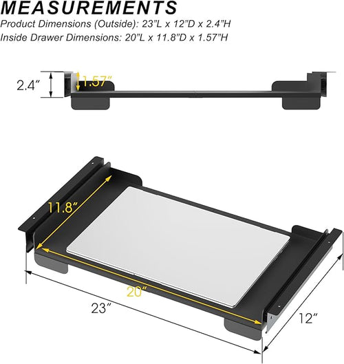 20 Inch Under Desk Mounted Sliding Loptop Drawer, Desktop Extension Pull-Out Laptop Tray for Office Desk, Extra Storage Organizer for Sit Stand Workstation