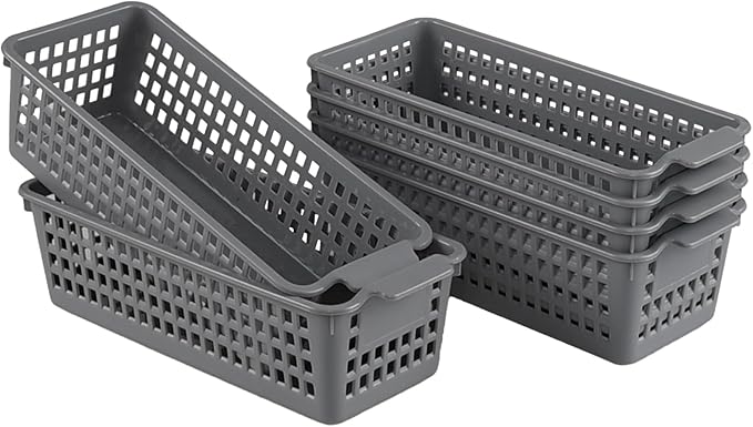 Farmoon 6 Pack Slim Storage Baskets, Grey Plastic Organizer Basket