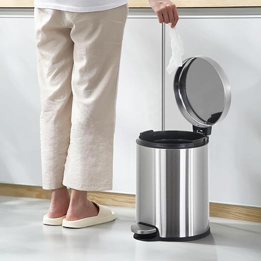 Bigacc Small Trash Can, Mini Stainless Steel 6 Liter/1.6 Gallon Bathroom Trash Can Step Garbage Can Round Trash can with Lid w/Removable Inner Bucket Waste Basket for Bathroom Kitchen Office