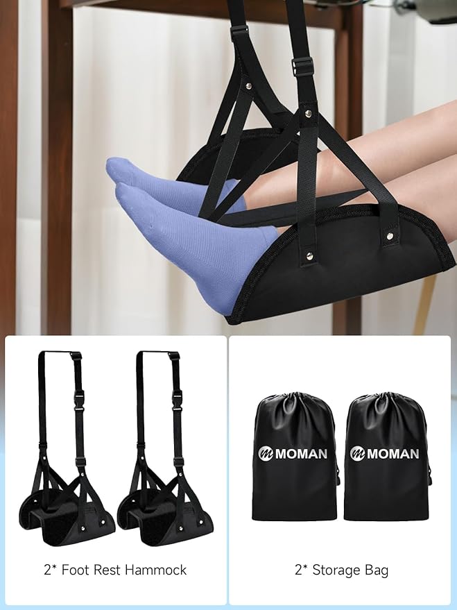 Moman Foot Hammock for AirplaneTravel Footrest with Upgraded Cotton Pad for Long Flights Office Car Under Desk Portable Leg Rest Swing for Adults 2 Pack