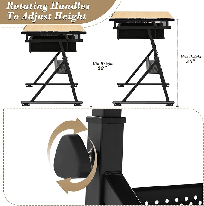 Athena Collection Drafting Table for Artists, Height Adjustable Drawing Table, Dual Desktop Art Desk Metal Frame Art Table Tiltable Craft Desk Paintings Work Station with Stool and Drawers, Natural