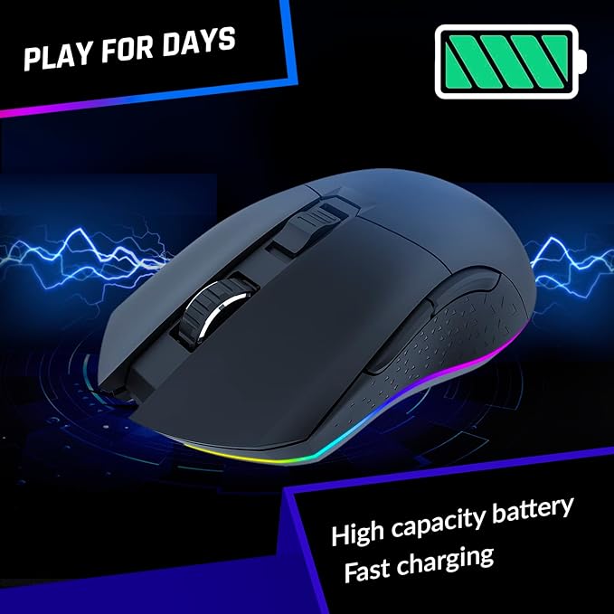 KLIM Blaze Rechargeable Wireless Gaming Mouse RGB Precision Sensor and Long-Lasting Battery - 7 Customizable Buttons - Up to 6000 DPI - Wired & Wireless Mouse for PC Mac & PS4 PS5 - Black